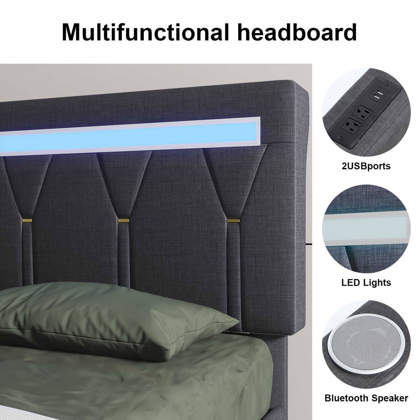 E-motie Upholstered Bed Frame with Adjustable Headboard, LED Platform Bed with Bluetooth Speakers,Charging Station