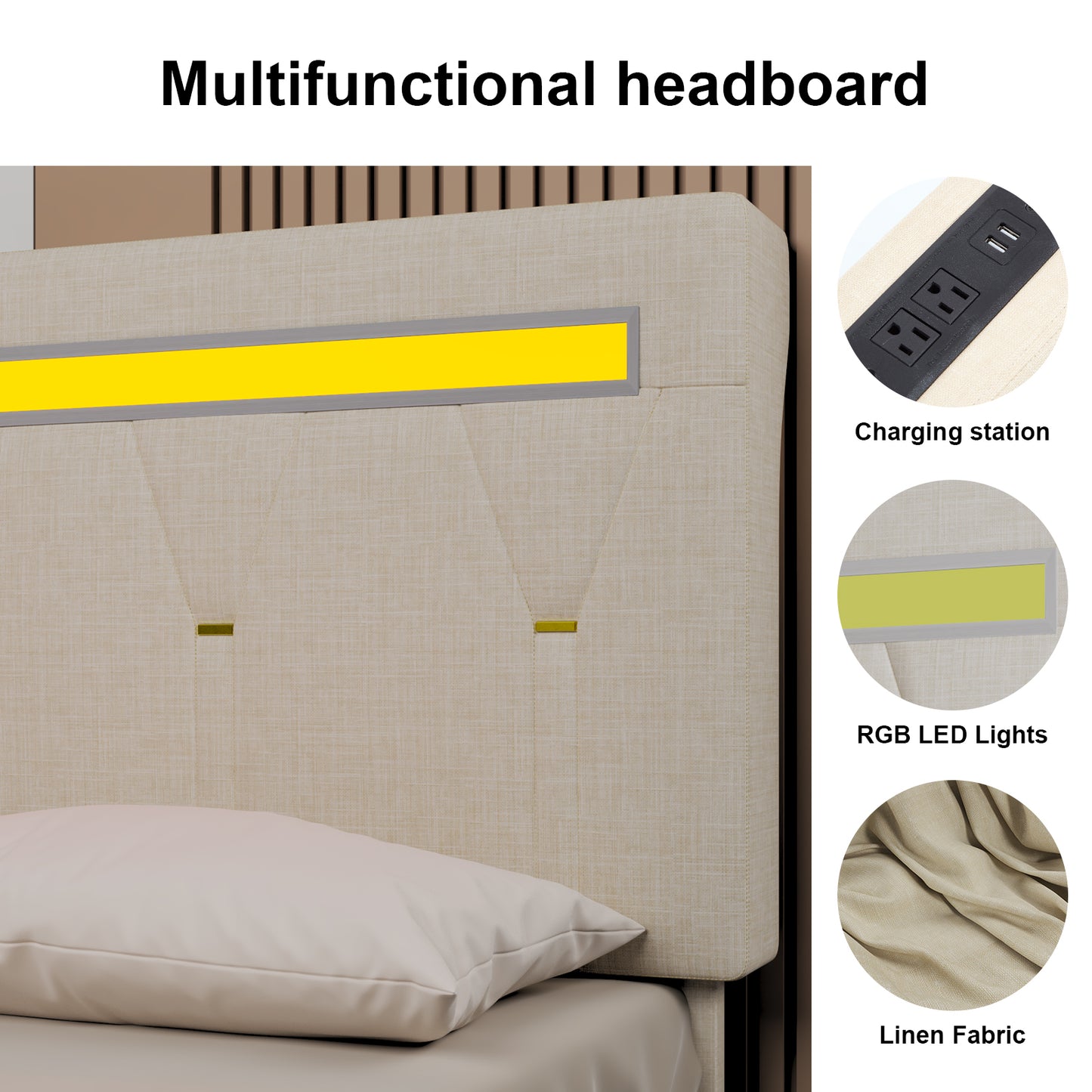 E-motie LED Bed with Charging Station, Platform Bed Frame with Upholstered Button Headboard