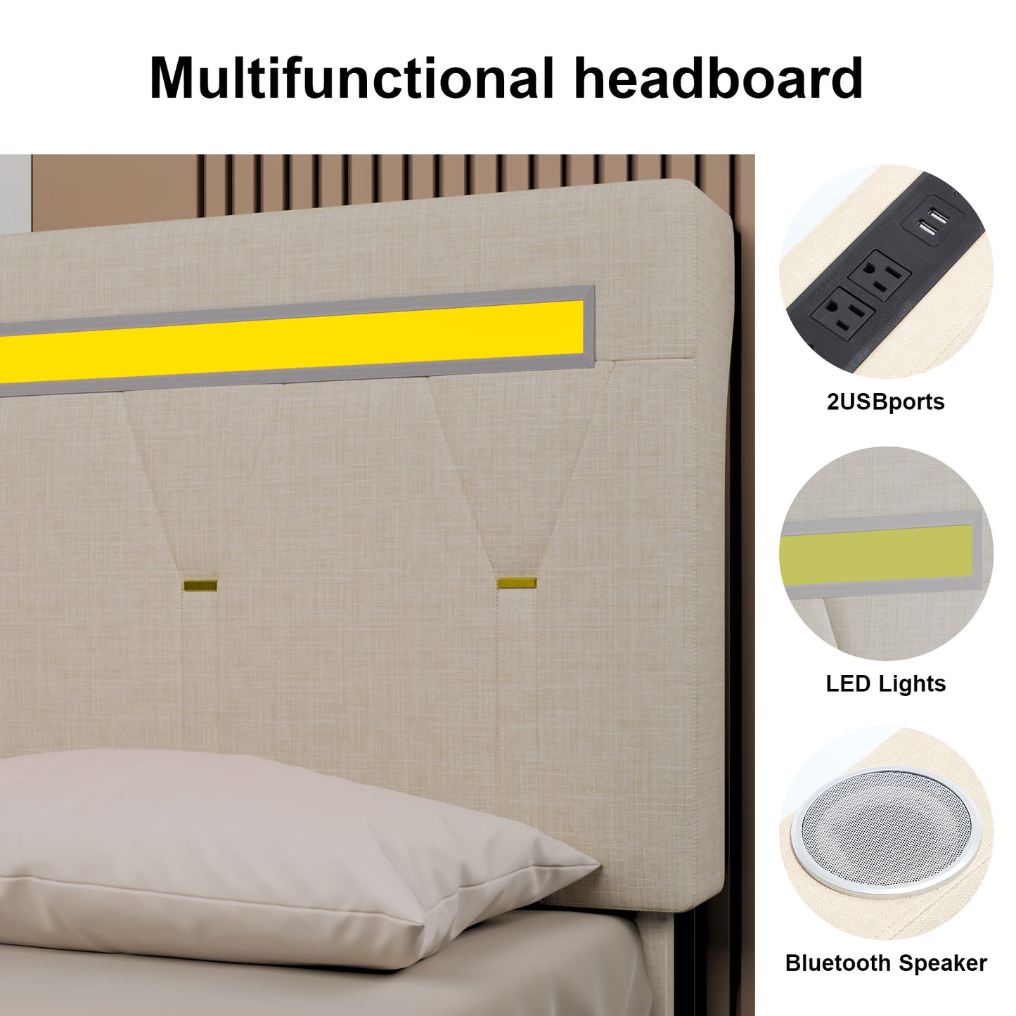 E-motie Upholstered Bed Frame with Adjustable Headboard, LED Platform Bed with Bluetooth Speakers,Charging Station
