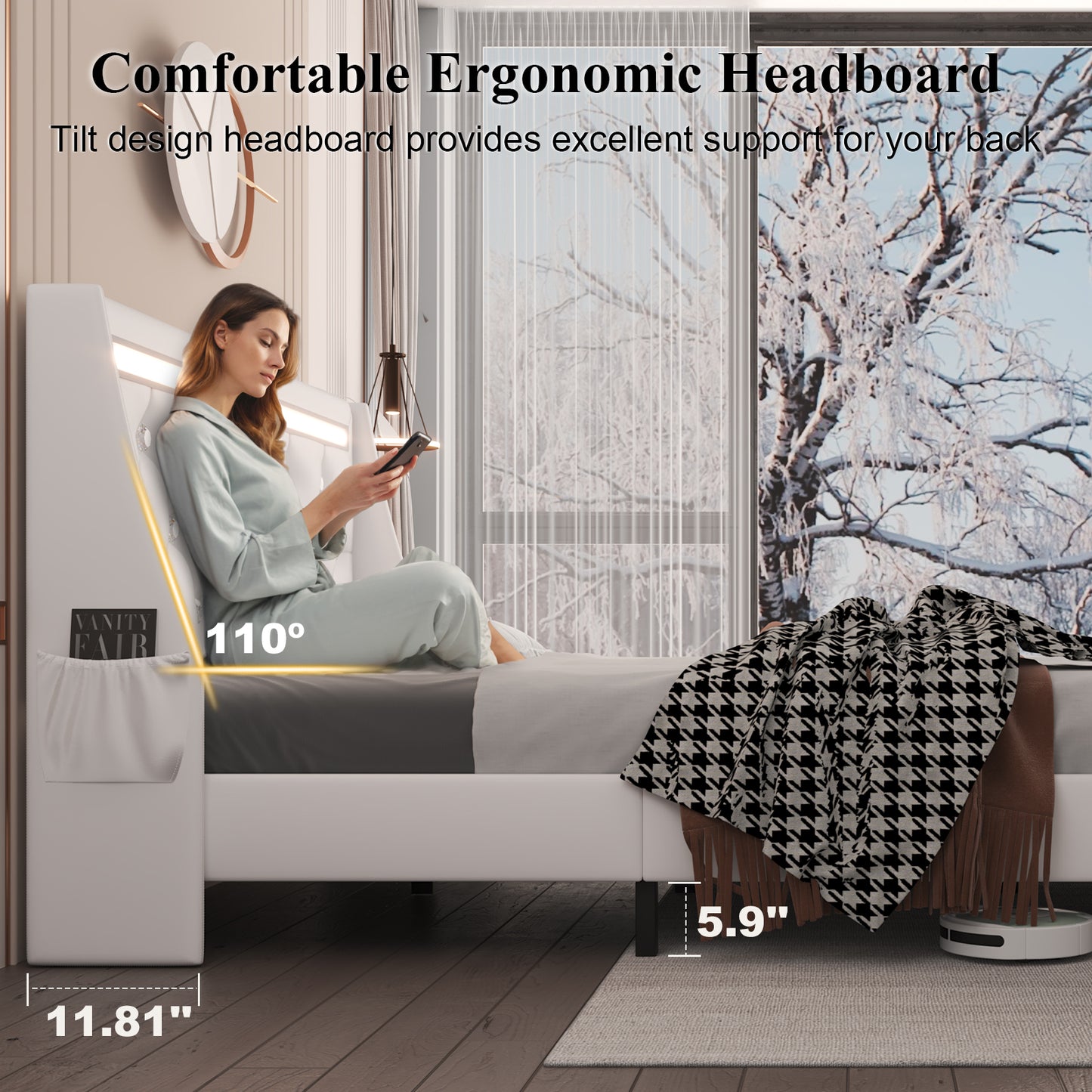 E-motie Upholstered LED Bed Frame, Wingback Crystal Button Tufted, LED&Charging Station