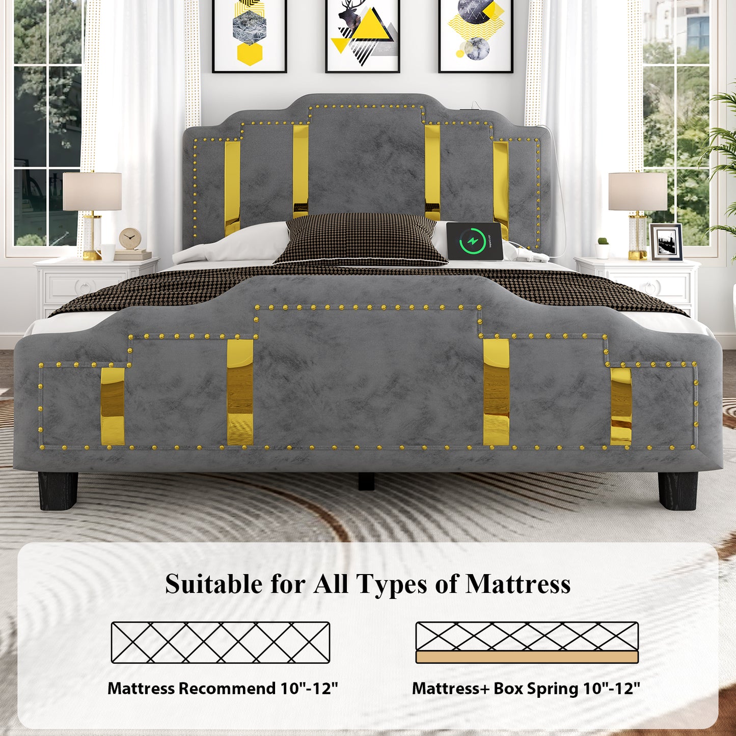 Velvet Upholstered Bed frame, Golden Metal Riveted and Sequined Headboard