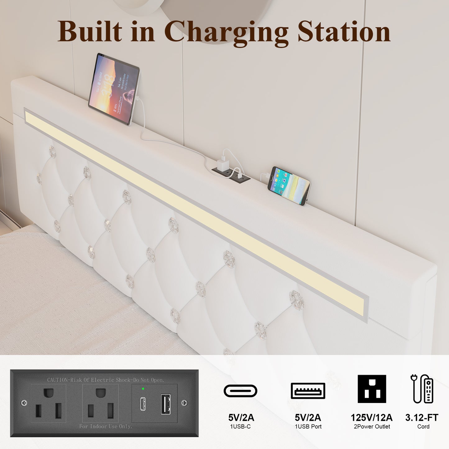 E-motie Bed Frame with Storage Drawers and Led Headboard, Platform Bed Frame Charging Station