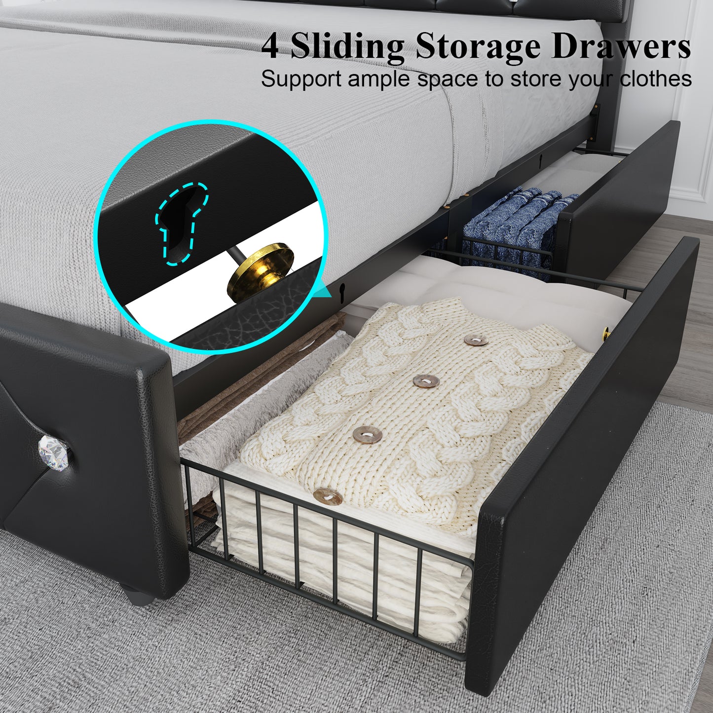 E-motie Bed Frame with Storage Drawers and Led Headboard, Platform Bed Frame Charging Station