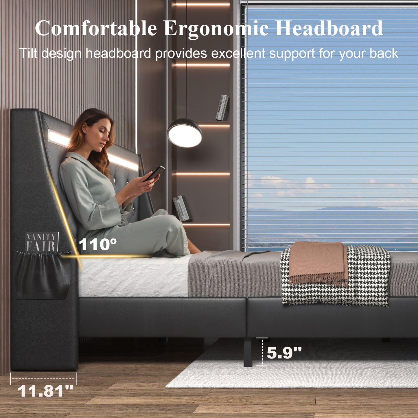 E-motie Upholstered LED Bed Frame, Wingback Crystal Button Tufted, LED&Charging Station