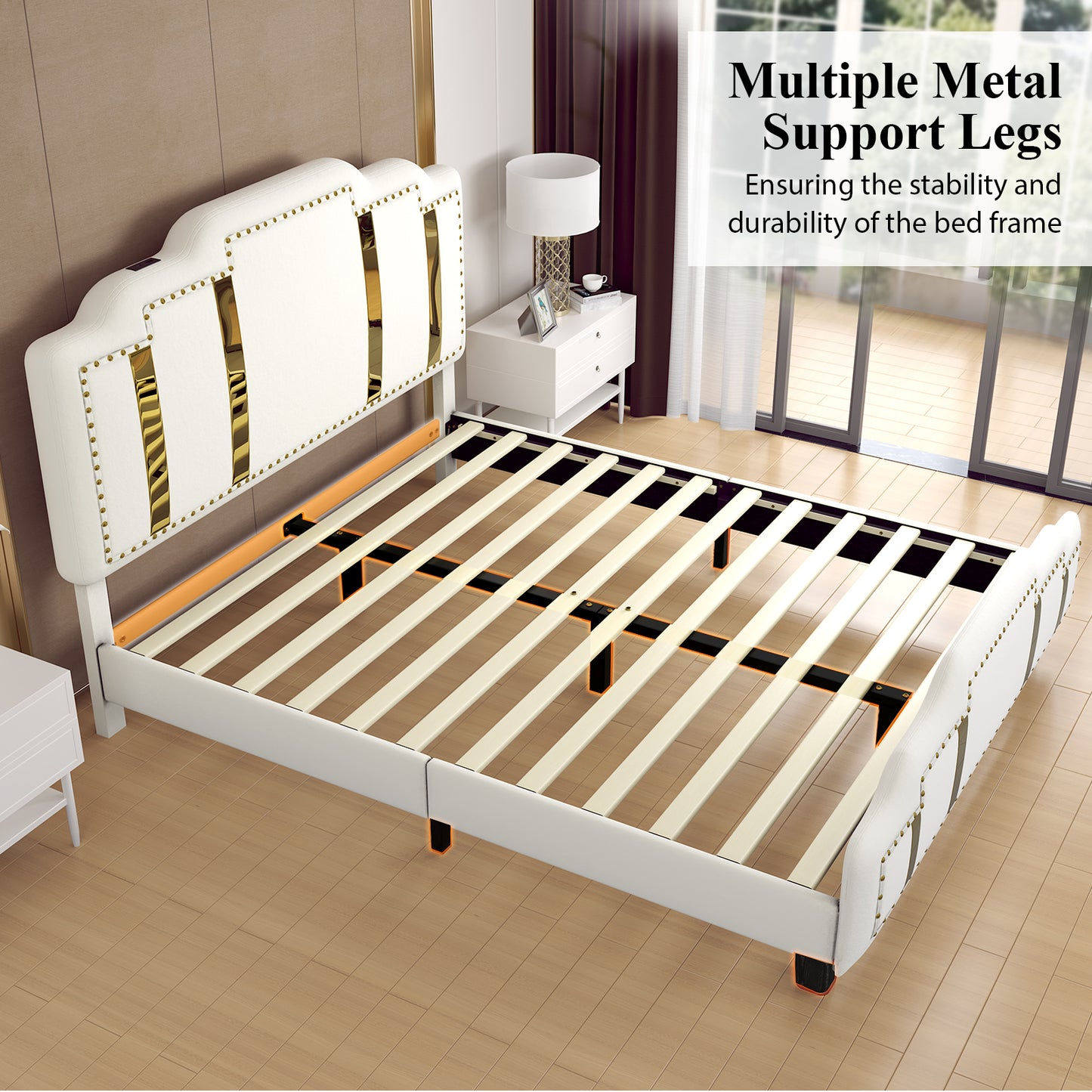 Velvet Upholstered Bed frame, Golden Metal Riveted and Sequined Headboard
