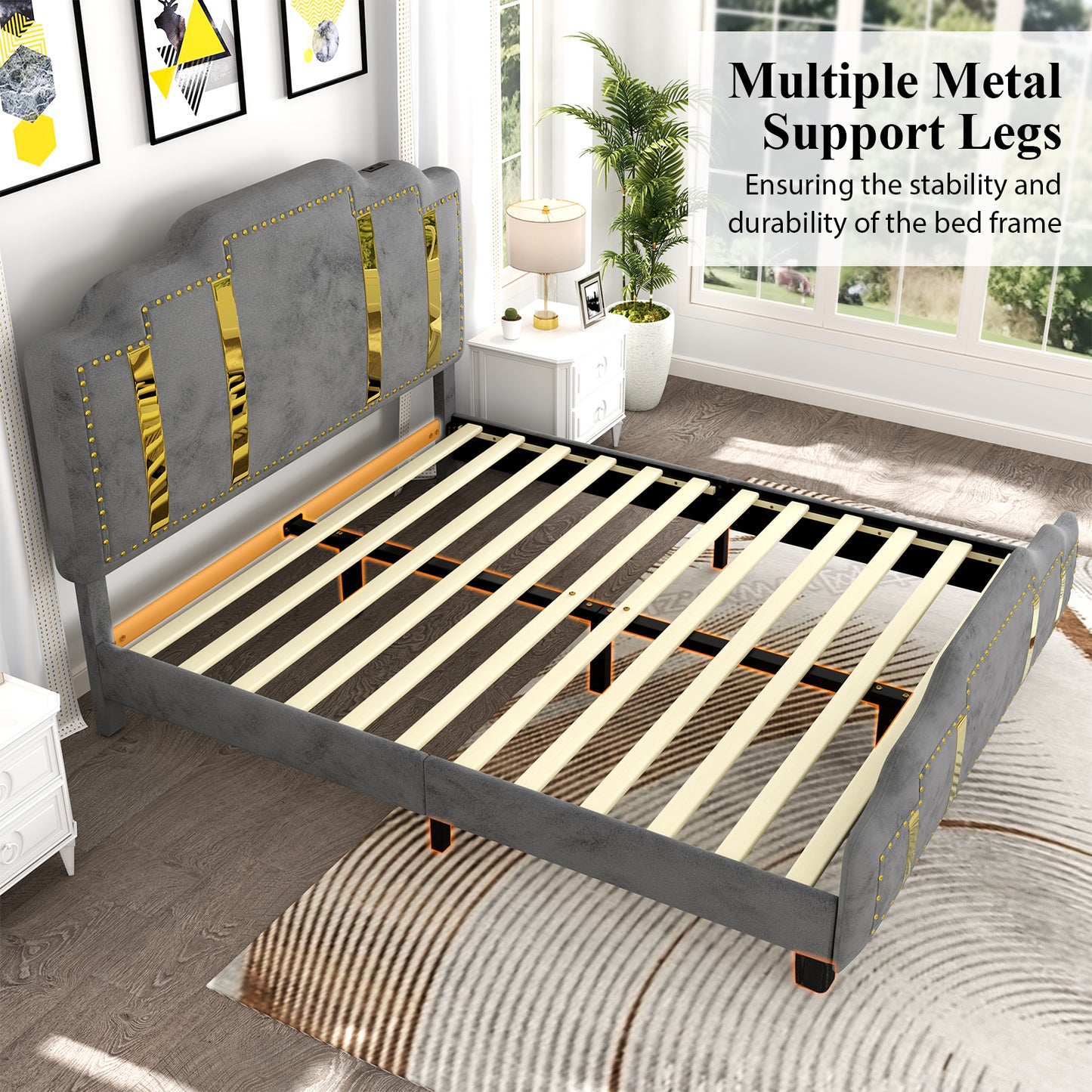 Velvet Upholstered Bed frame, Golden Metal Riveted and Sequined Headboard