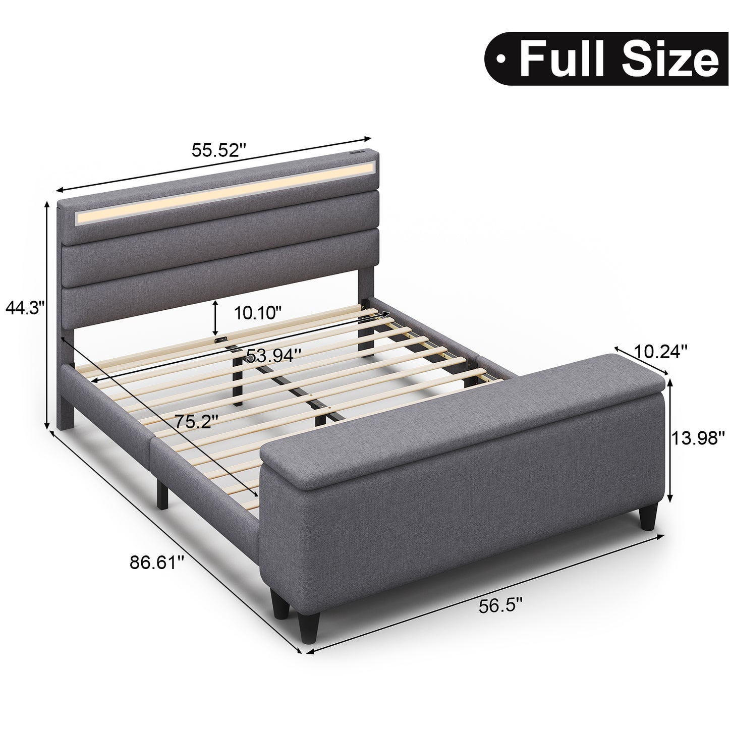 E-motie Upholstered LED Bed Frame with Storage Ottoman and Charging Ports