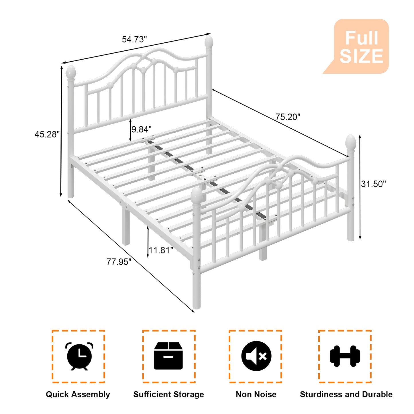 Metal Bed Frame with Headboard and Footboard,Sturdy Steel Slat Support