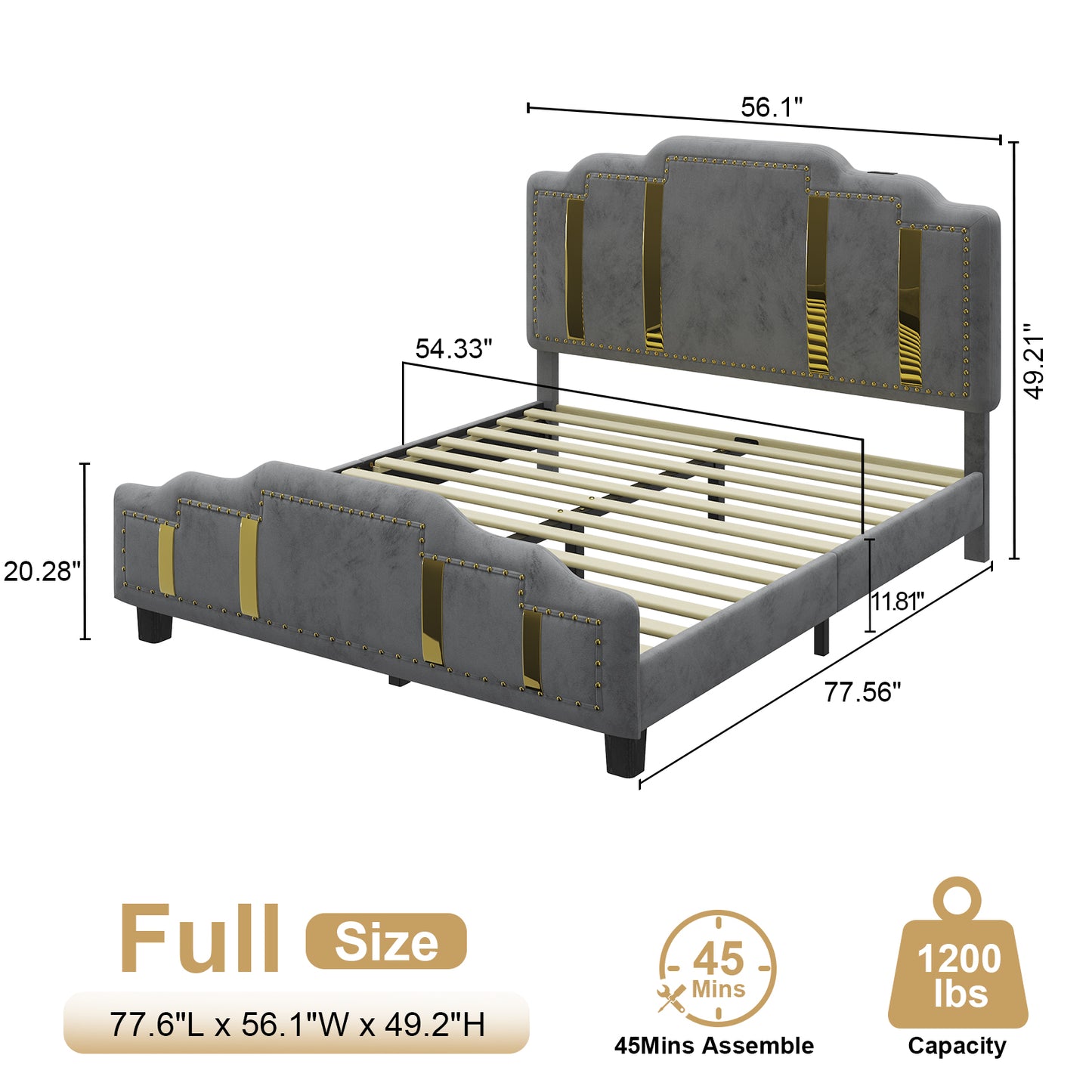 Velvet Upholstered Bed frame, Golden Metal Riveted and Sequined Headboard