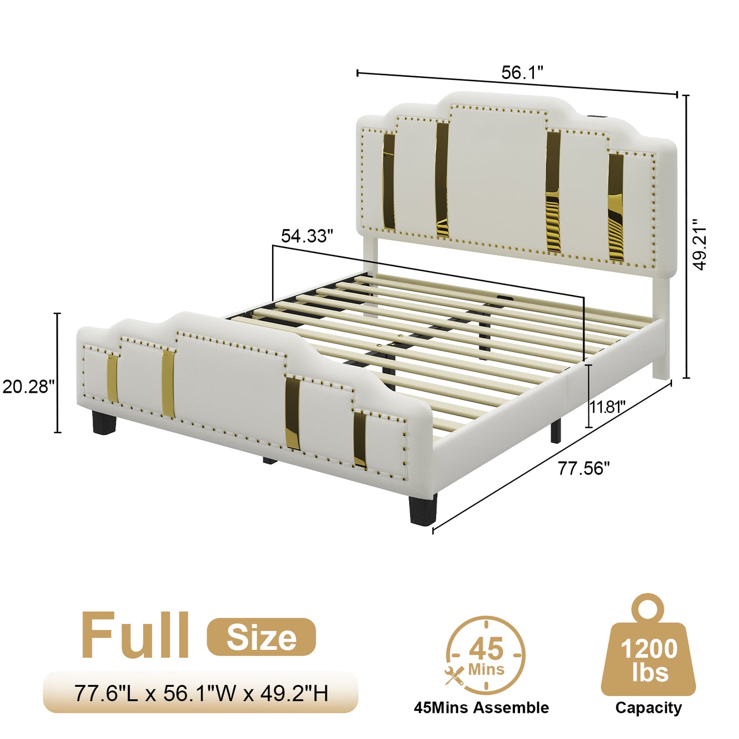 Velvet Upholstered Bed frame, Golden Metal Riveted and Sequined Headboard