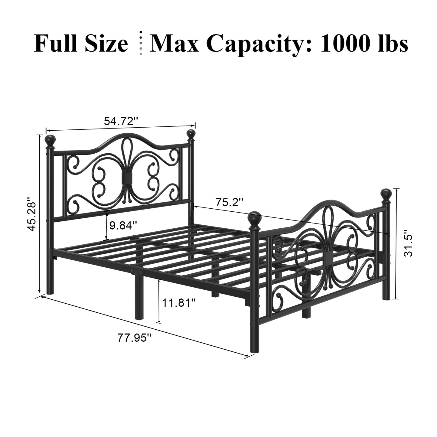 E-motie Metal Platform Bed Frame with Butterfly Pattern Vintage Headboard & Footboard, Underbed Storage