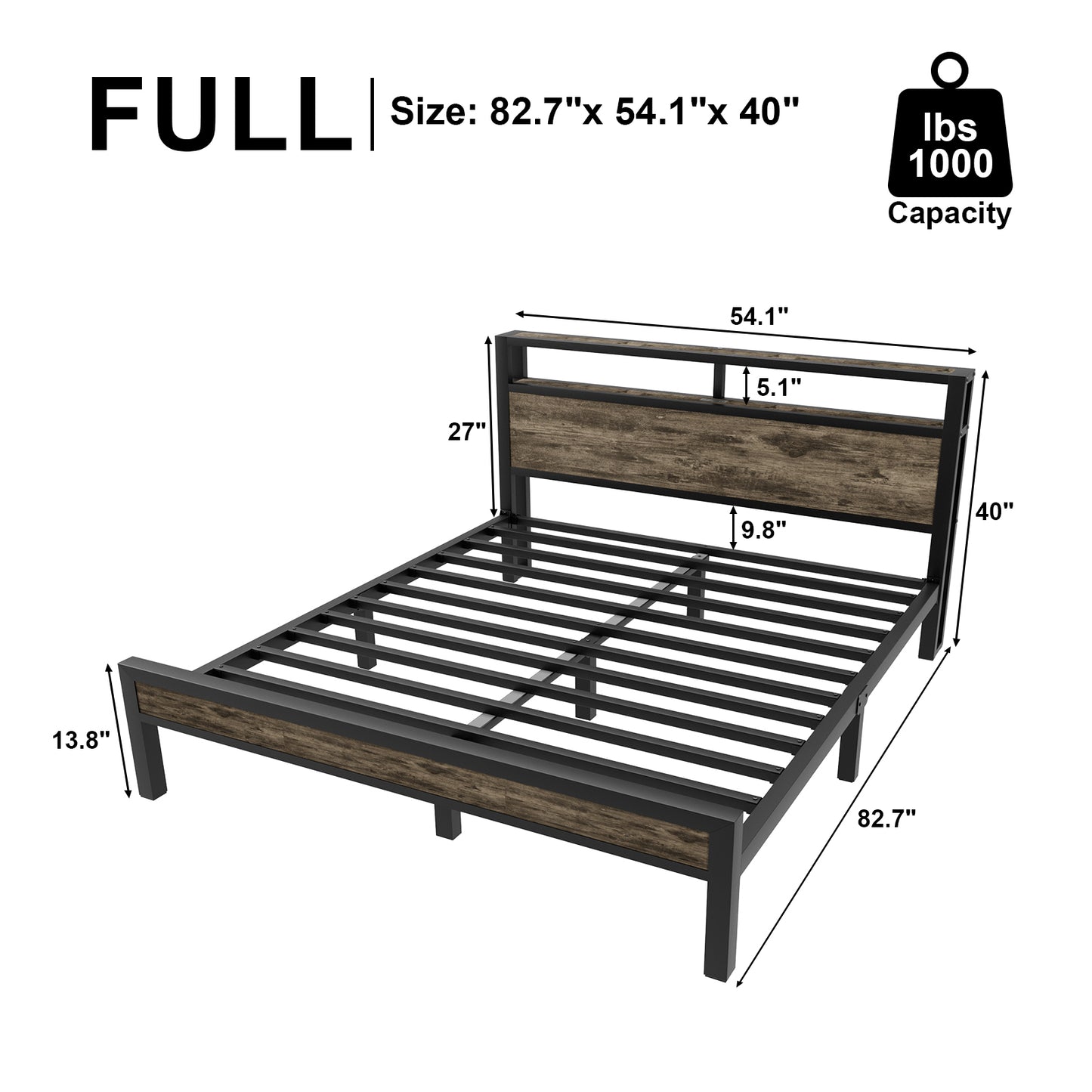 E-motie Bed Frame with Storage Headboard, Metal Platform Bed with LED Lights