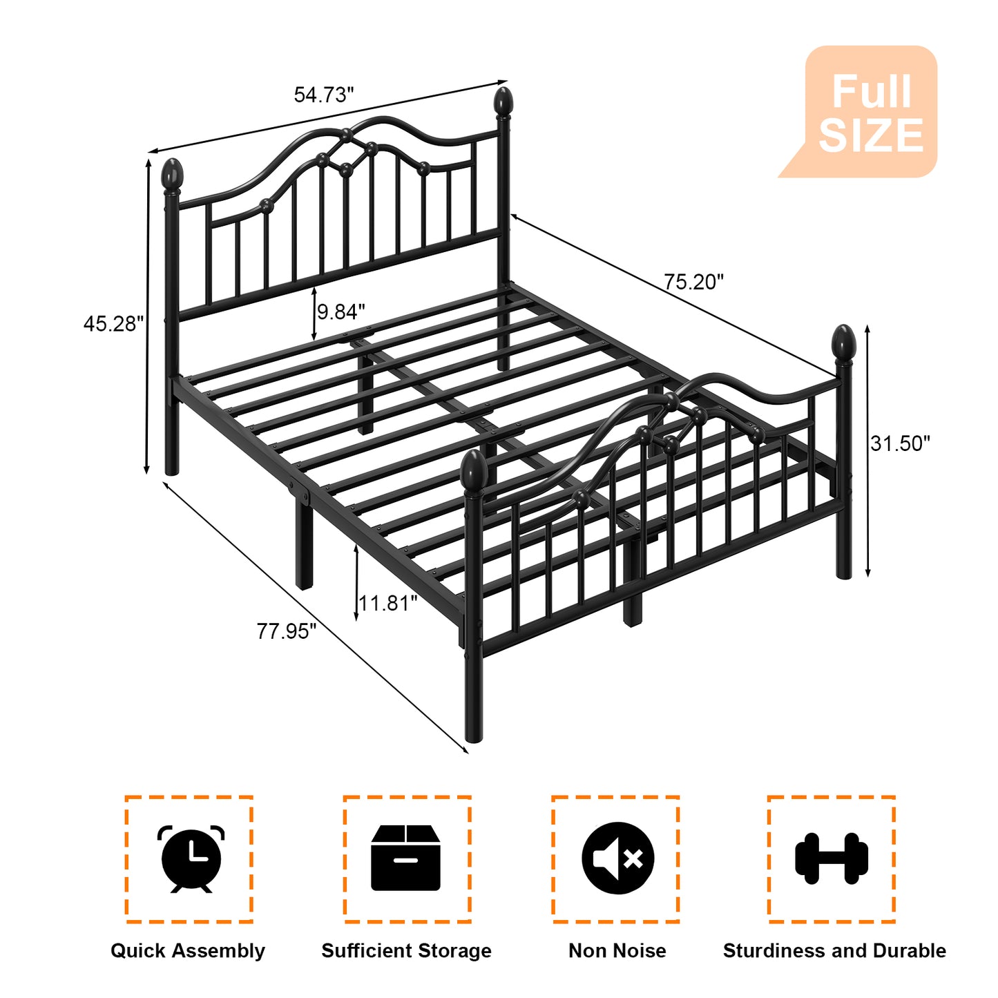 Metal Bed Frame with Headboard and Footboard,Sturdy Steel Slat Support