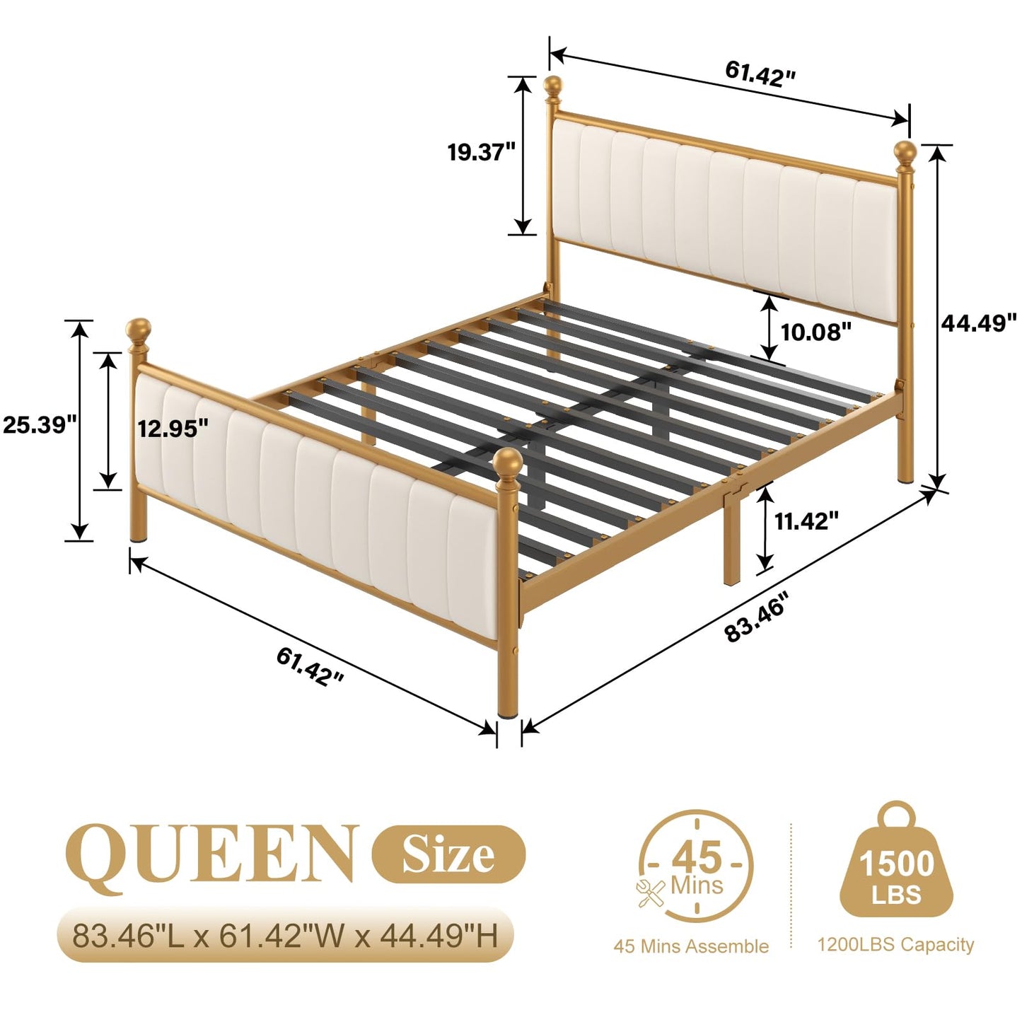 E-Motie Metal Platform Bed Frame with Upholstered Headboard, Easy Assembly, No Box Spring Needed