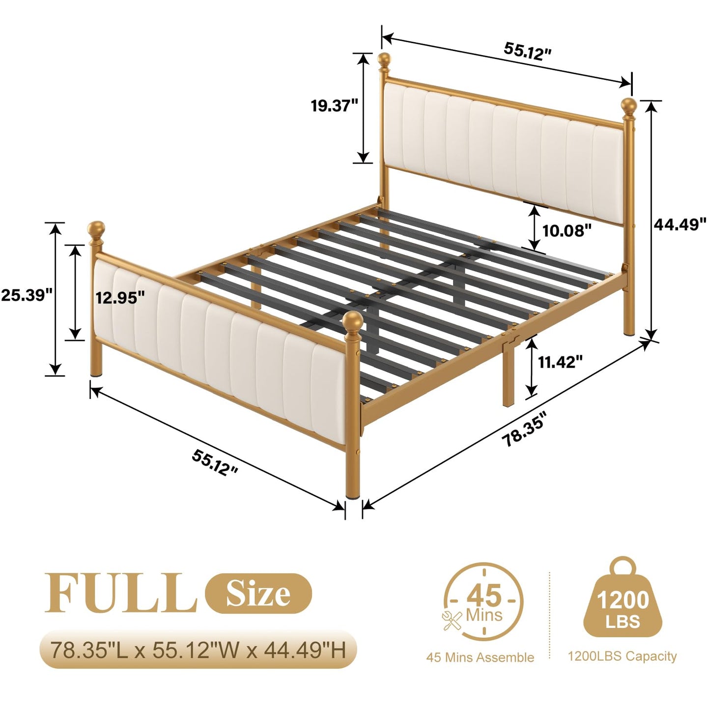E-Motie Metal Platform Bed Frame with Upholstered Headboard, Easy Assembly, No Box Spring Needed