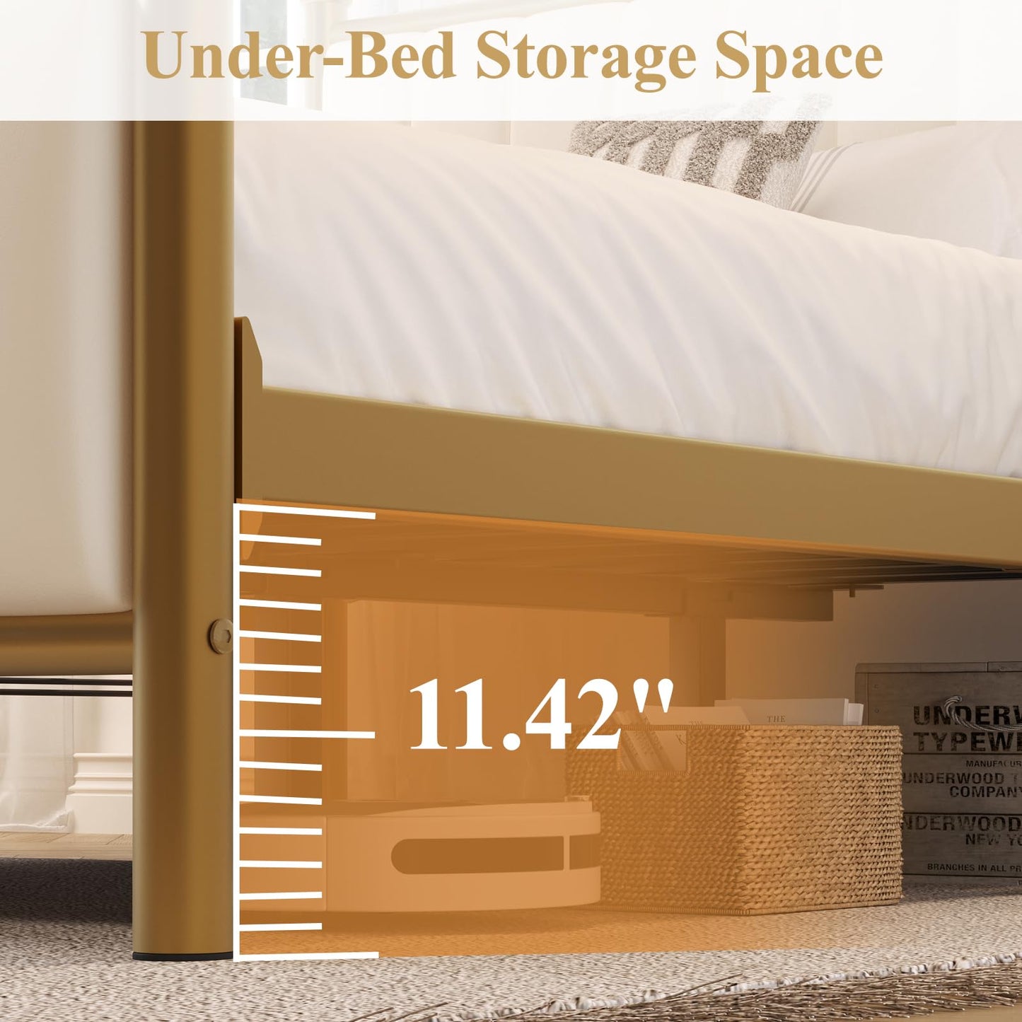 E-Motie Metal Platform Bed Frame with Upholstered Headboard, Easy Assembly, No Box Spring Needed