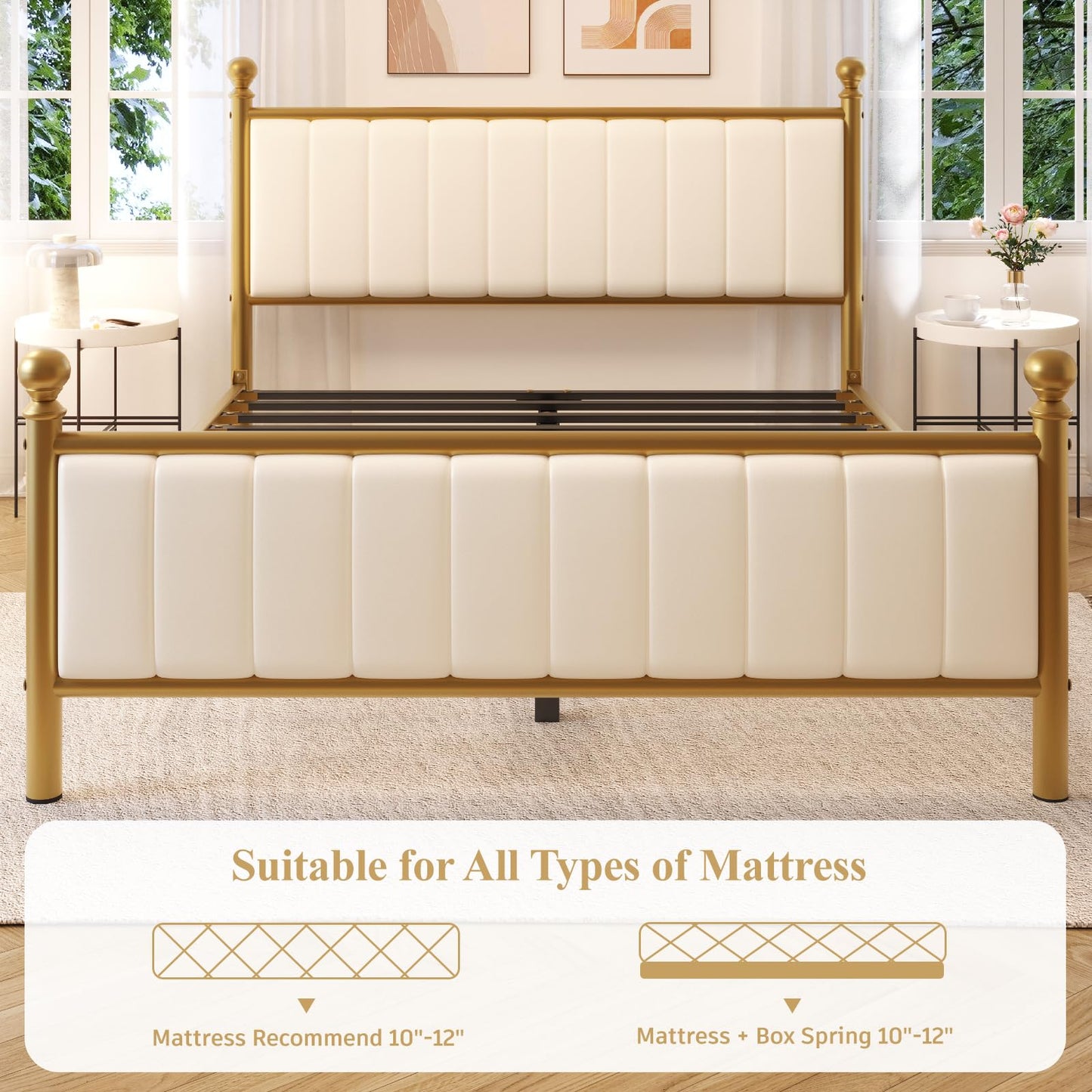 E-Motie Metal Platform Bed Frame with Upholstered Headboard, Easy Assembly, No Box Spring Needed