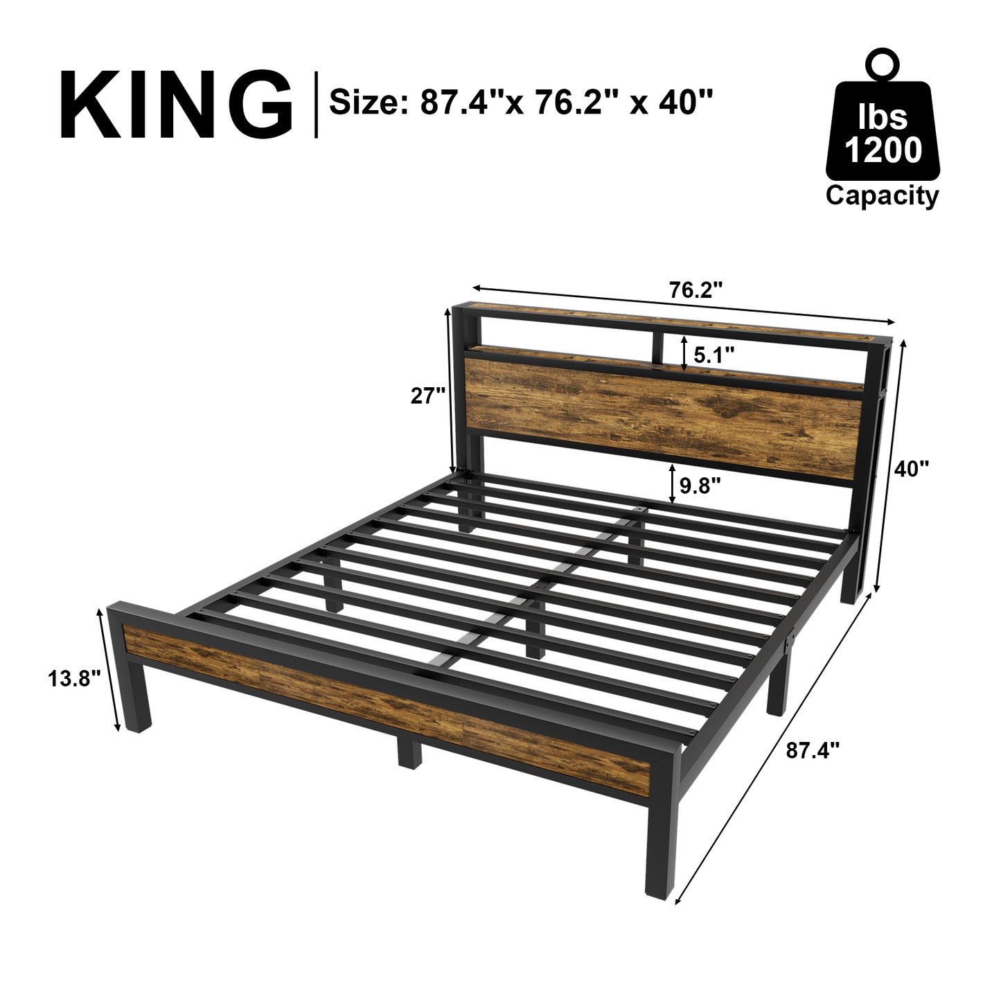 E-motie Bed Frame with Storage Headboard, Metal Platform Bed with LED Lights