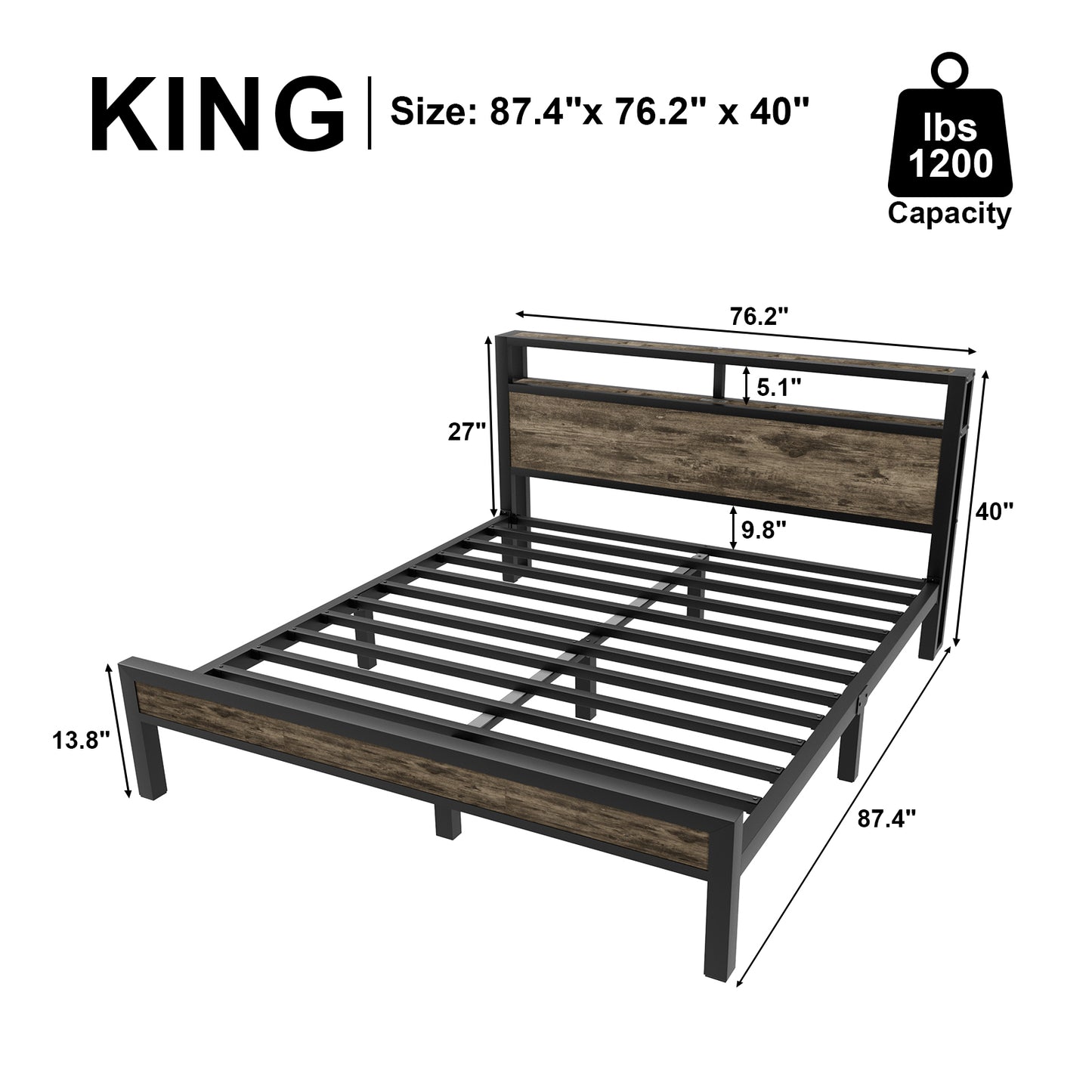 E-motie Bed Frame with Storage Headboard, Metal Platform Bed with LED Lights