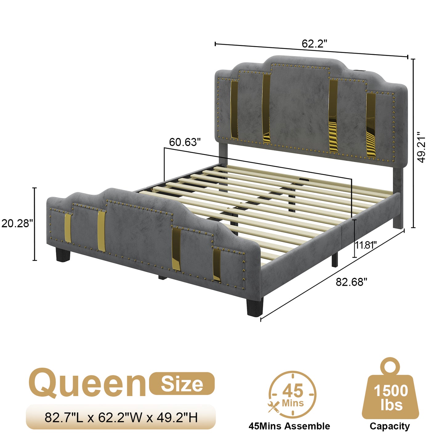Velvet Upholstered Bed frame, Golden Metal Riveted and Sequined Headboard