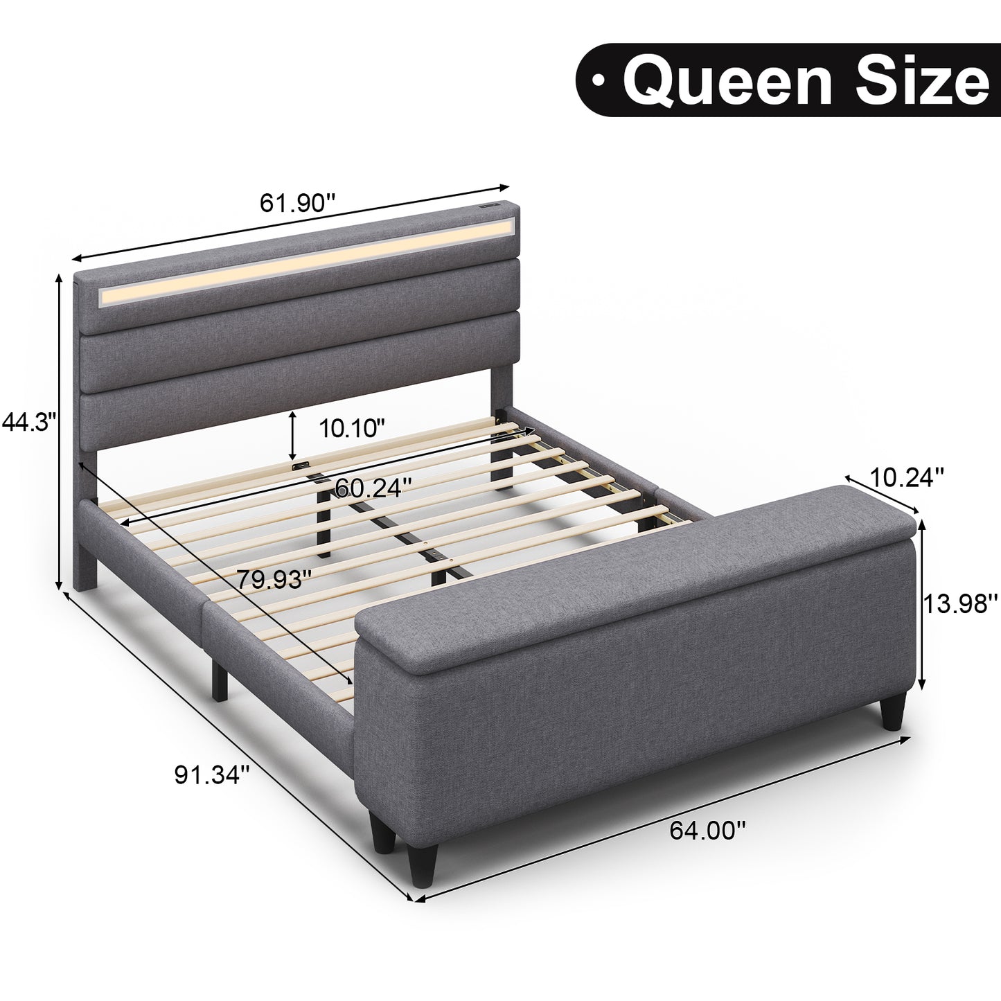 E-motie Upholstered LED Bed Frame with Storage Ottoman and Charging Ports