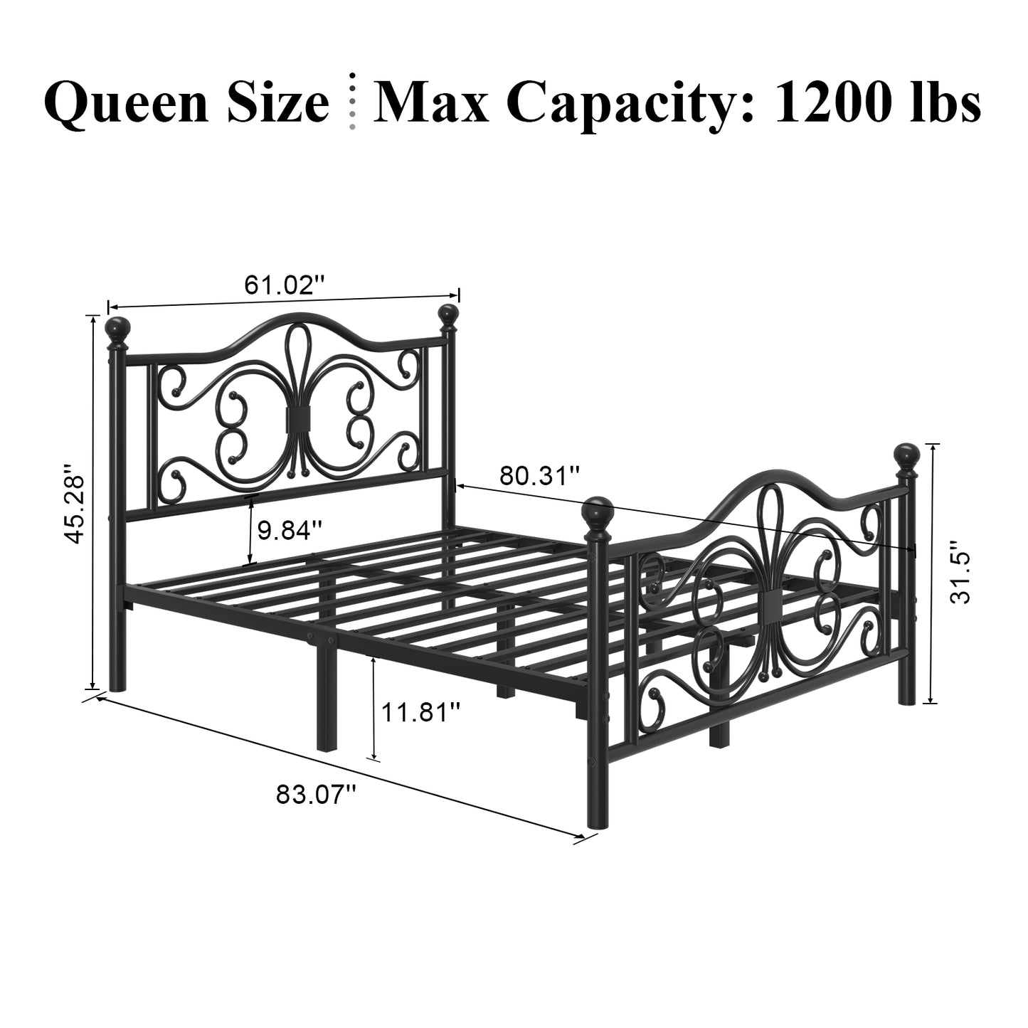 E-motie Metal Platform Bed Frame with Butterfly Pattern Vintage Headboard & Footboard, Underbed Storage