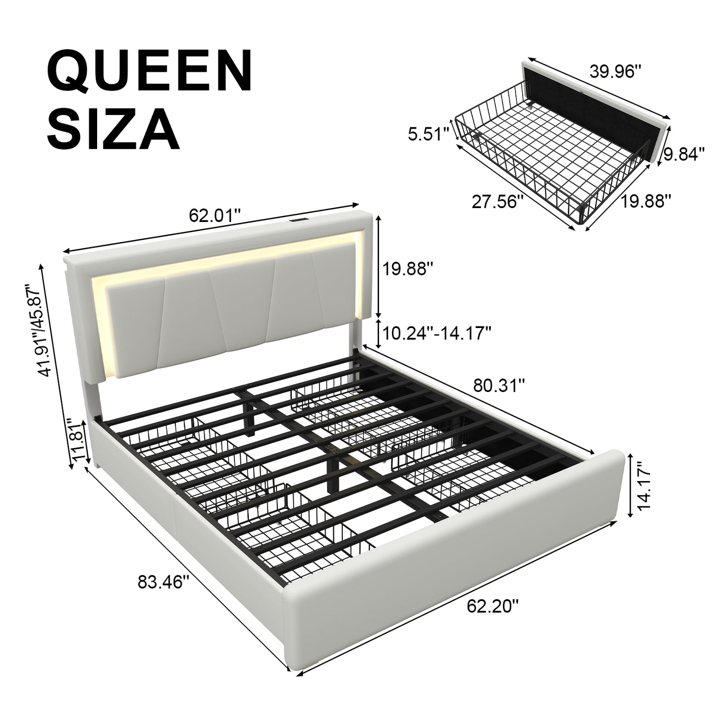 Upholstered Bed Frame with Adjustable Headboard, Upholstered Platform LED Lights Bed Frame with Charging Station