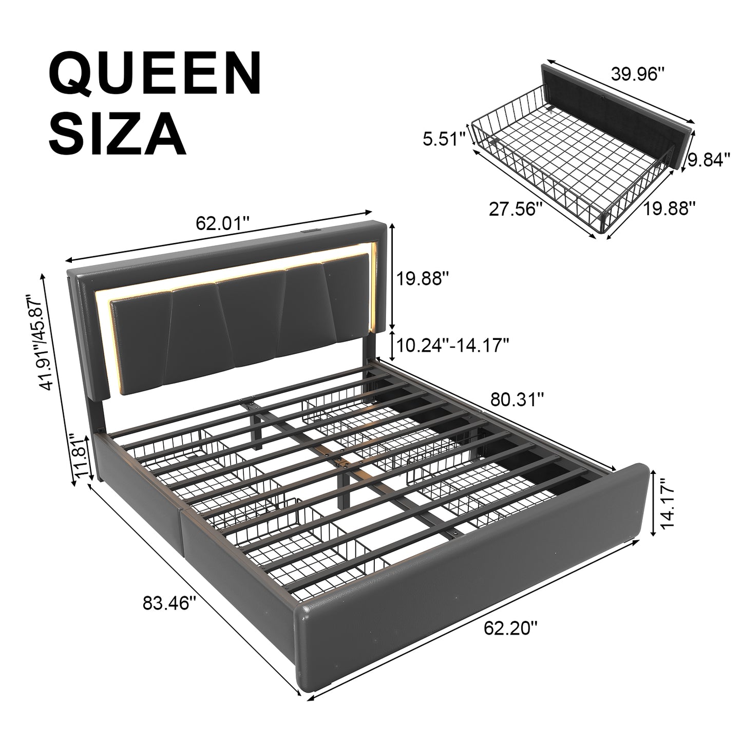 Upholstered Bed Frame with Adjustable Headboard, Upholstered Platform LED Lights Bed Frame with Charging Station