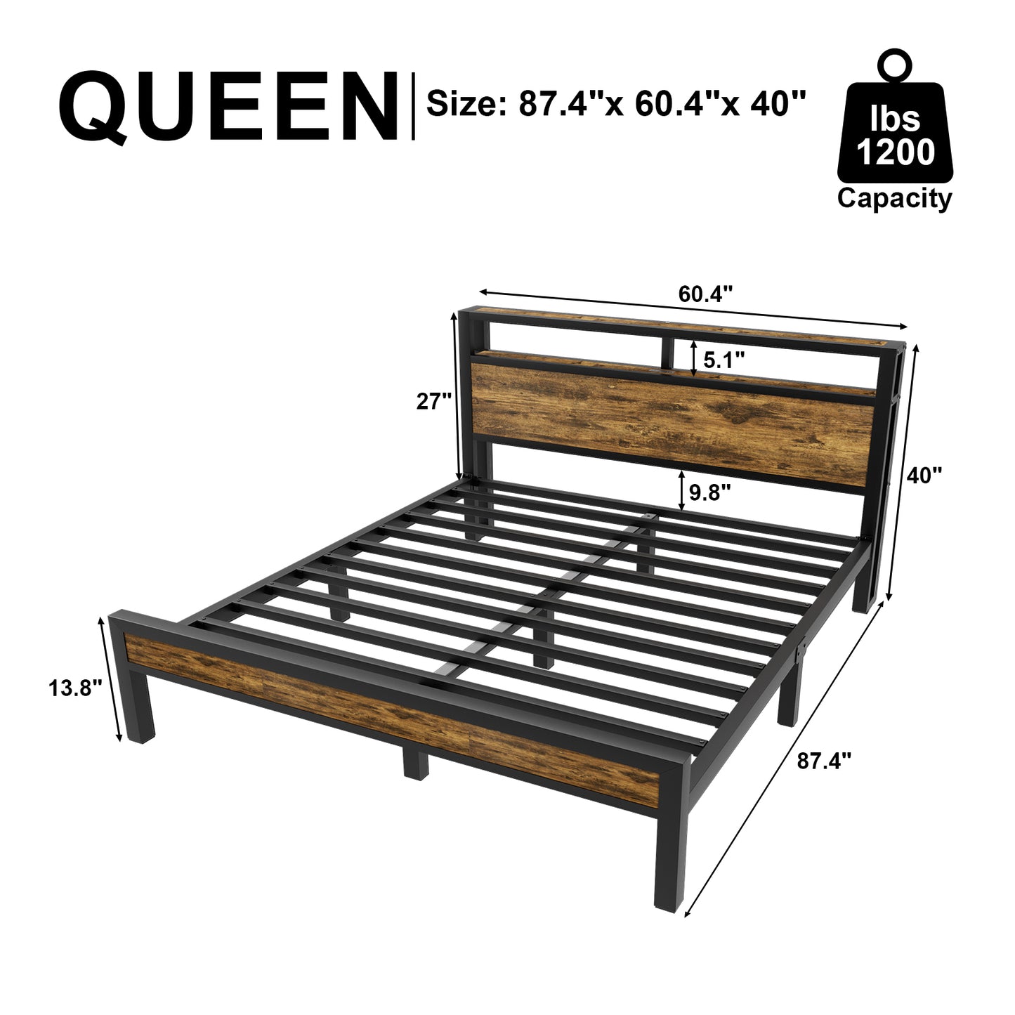 E-motie Bed Frame with Storage Headboard, Metal Platform Bed with LED Lights