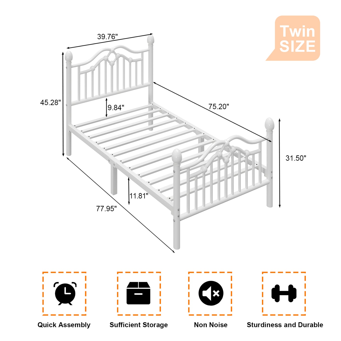 Metal Bed Frame with Headboard and Footboard,Sturdy Steel Slat Support
