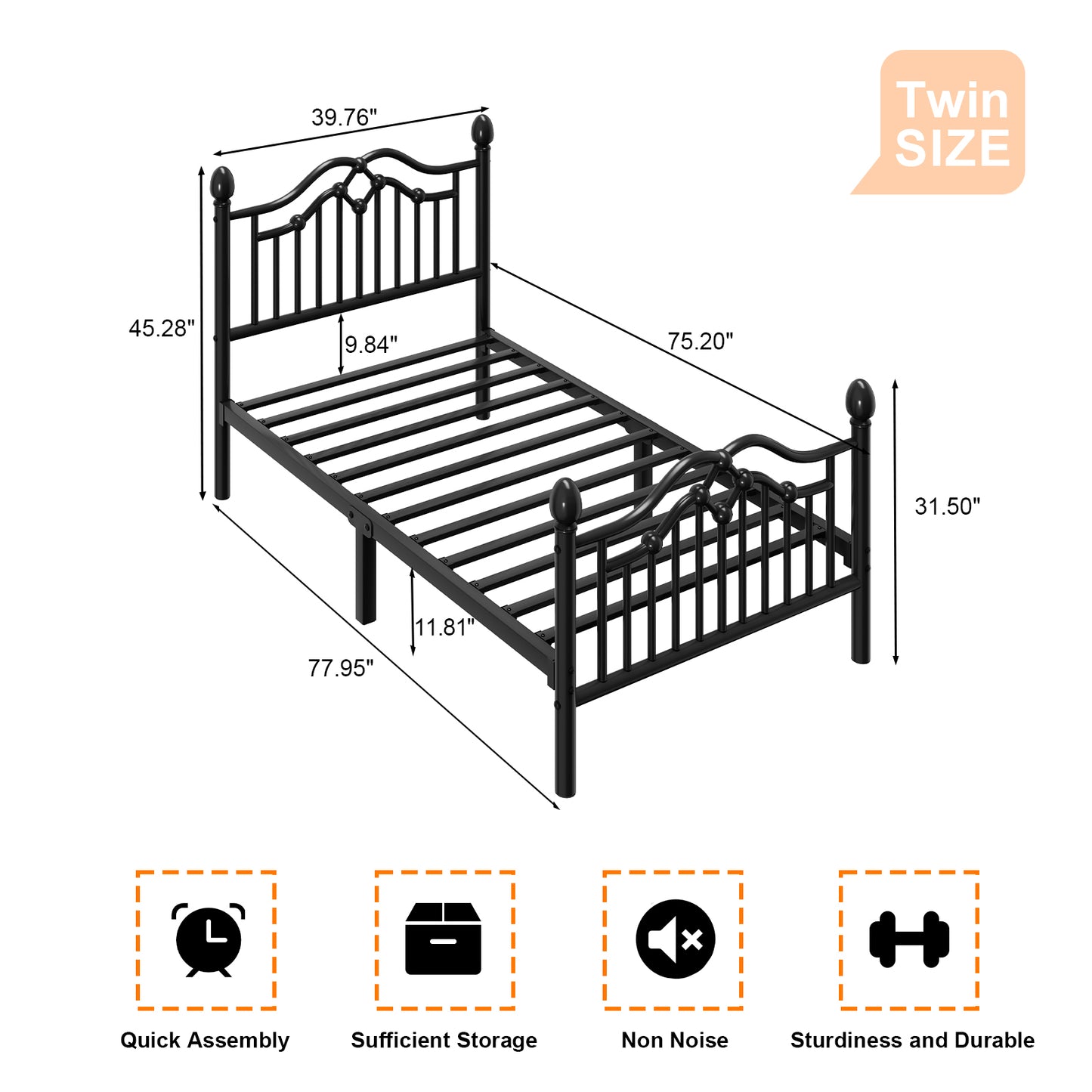 Metal Bed Frame with Headboard and Footboard,Sturdy Steel Slat Support