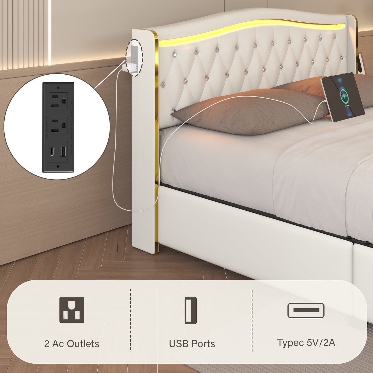 Bed Frame with LED Lights and 4 Storage Drawers, PU Leather Wingback Upholstered Platform Bed, Charging Station, Modern Faux Leather Headboard, No Box Spring Needed