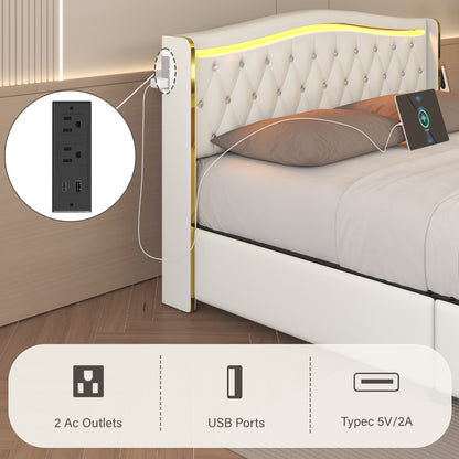 Bed Frame with LED Lights and 4 Storage Drawers, PU Leather Wingback Upholstered Platform Bed, Charging Station, Modern Faux Leather Headboard, No Box Spring Needed