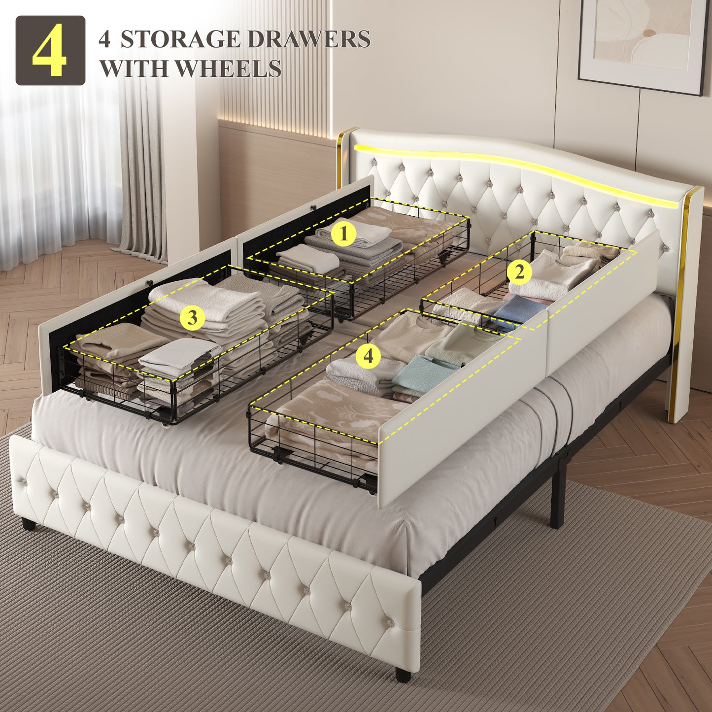 Bed Frame with LED Lights and 4 Storage Drawers, PU Leather Wingback Upholstered Platform Bed, Charging Station, Modern Faux Leather Headboard, No Box Spring Needed