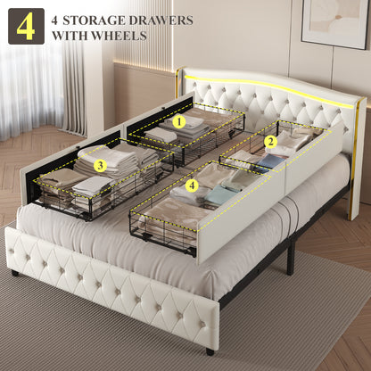 Bed Frame with LED Lights and 4 Storage Drawers, PU Leather Wingback Upholstered Platform Bed, Charging Station, Modern Faux Leather Headboard, No Box Spring Needed