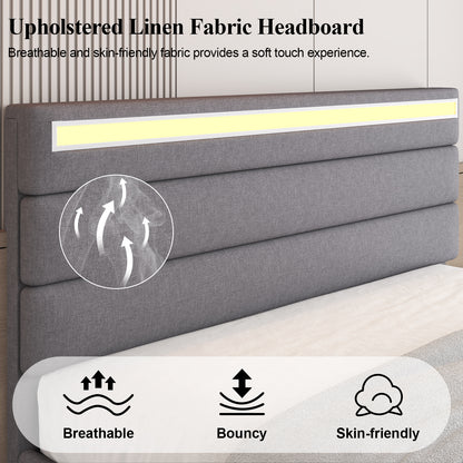 E-motie Upholstered LED Bed Frame with Storage Ottoman and Charging Ports