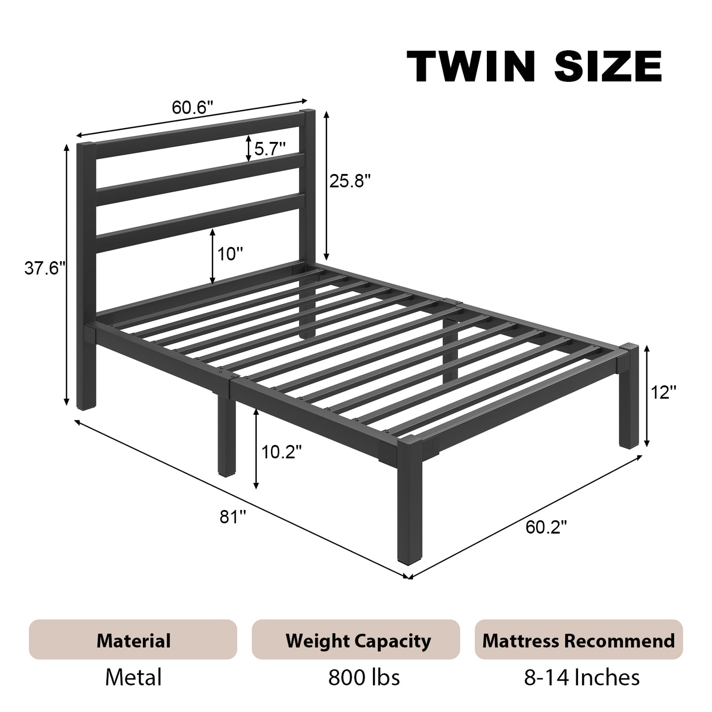 E-motie Metal Platform Bed Frame with Headboard, Under-Bed Storage