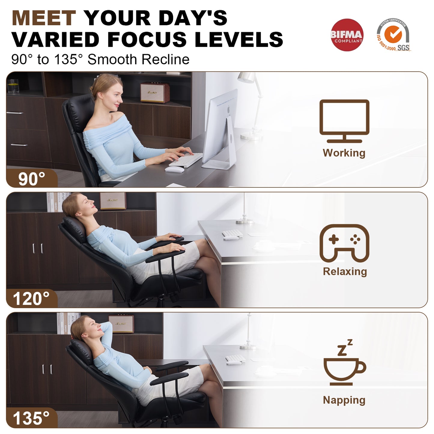 E-Motie Home Office Desk Chair, Ergonomic Computer Chair with Lumbar Support and Head Support, High Back Office Chair with Armrests, Adjustable Height, Rubber Casters, PU Leather