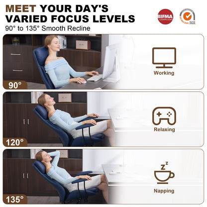 E-Motie Home Office Desk Chair, Ergonomic Computer Chair with Lumbar Support and Head Support, High Back Office Chair with Armrests, Adjustable Height, Rubber Casters, PU Leather
