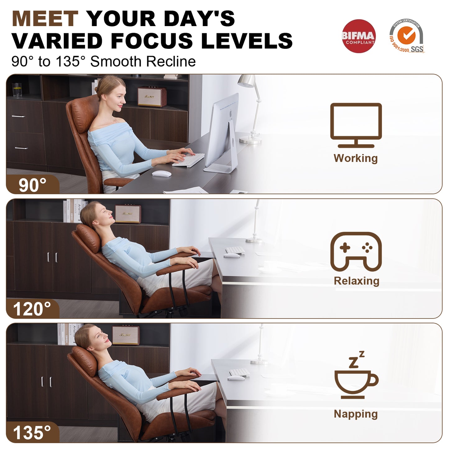 E-Motie Home Office Desk Chair, Ergonomic Computer Chair with Lumbar Support and Head Support, High Back Office Chair with Armrests, Adjustable Height, Rubber Casters, PU Leather