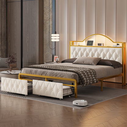 E-motie Bed Frame with 2 Storage Drawers, Upholstered Platform Bed with LED Light & Charging Station, Diamond Tufted Upholstered Headboard