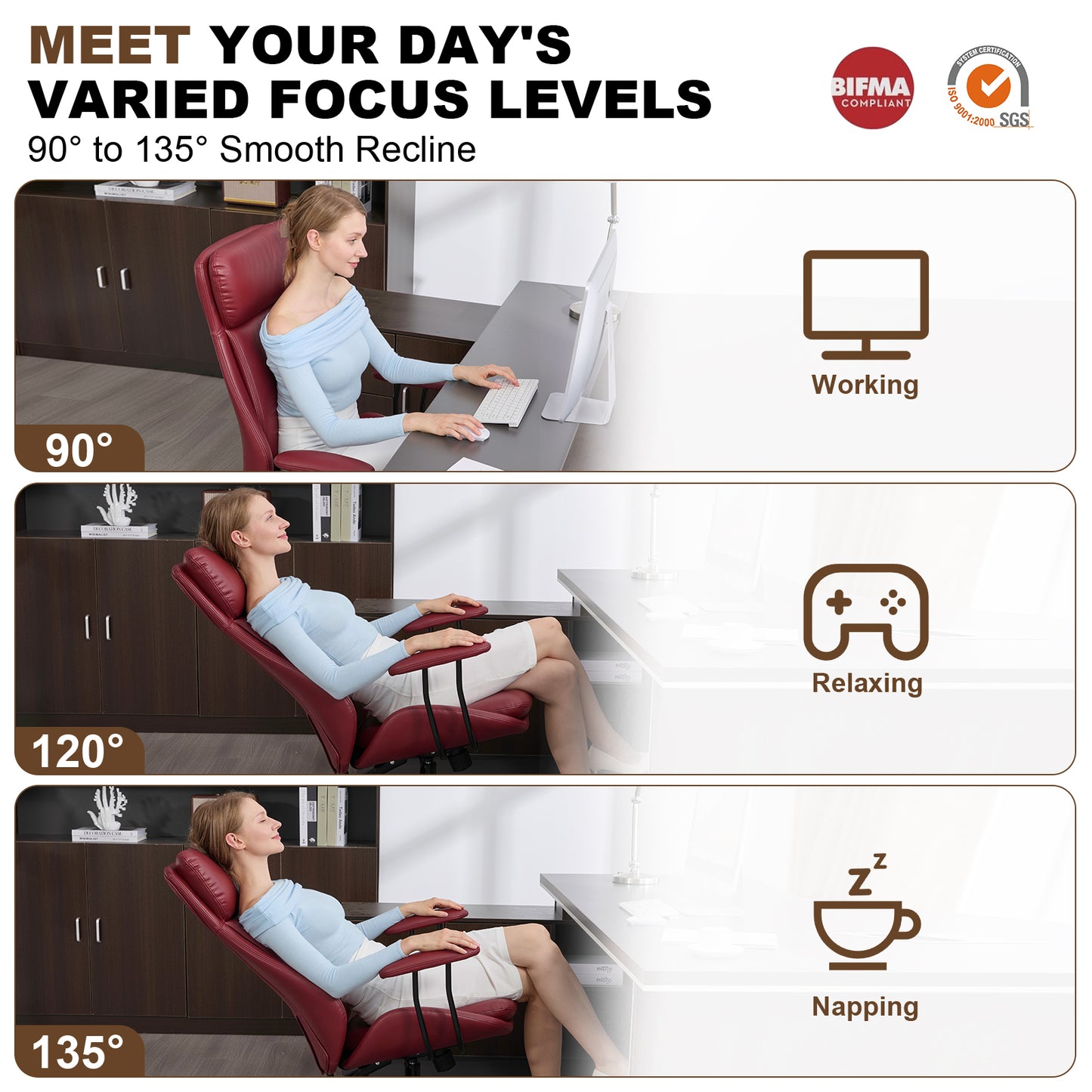 E-Motie Home Office Desk Chair, Ergonomic Computer Chair with Lumbar Support and Head Support, High Back Office Chair with Armrests, Adjustable Height, Rubber Casters, PU Leather
