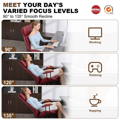 E-Motie Home Office Desk Chair, Ergonomic Computer Chair with Lumbar Support and Head Support, High Back Office Chair with Armrests, Adjustable Height, Rubber Casters, PU Leather