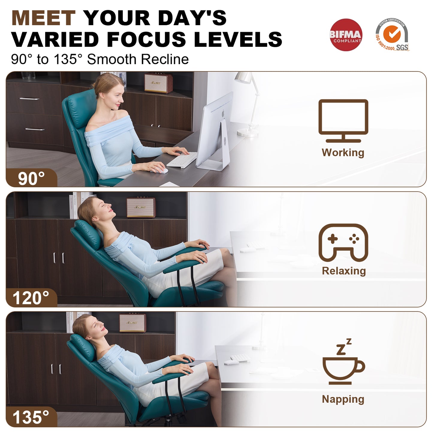 E-Motie Home Office Desk Chair, Ergonomic Computer Chair with Lumbar Support and Head Support, High Back Office Chair with Armrests, Adjustable Height, Rubber Casters, PU Leather
