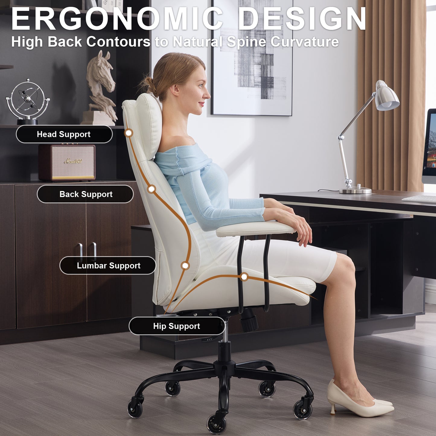 E-Motie Home Office Desk Chair, Ergonomic Computer Chair with Lumbar Support and Head Support, High Back Office Chair with Armrests, Adjustable Height, Rubber Casters, PU Leather