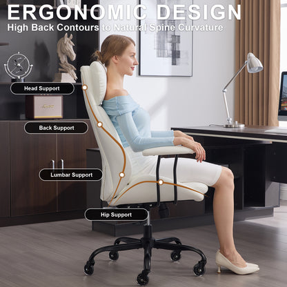 E-Motie Home Office Desk Chair, Ergonomic Computer Chair with Lumbar Support and Head Support, High Back Office Chair with Armrests, Adjustable Height, Rubber Casters, PU Leather