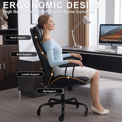E-Motie Home Office Desk Chair, Ergonomic Computer Chair with Lumbar Support and Head Support, High Back Office Chair with Armrests, Adjustable Height, Rubber Casters, PU Leather