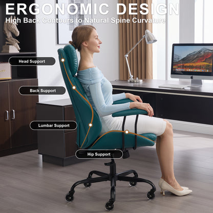E-Motie Home Office Desk Chair, Ergonomic Computer Chair with Lumbar Support and Head Support, High Back Office Chair with Armrests, Adjustable Height, Rubber Casters, PU Leather