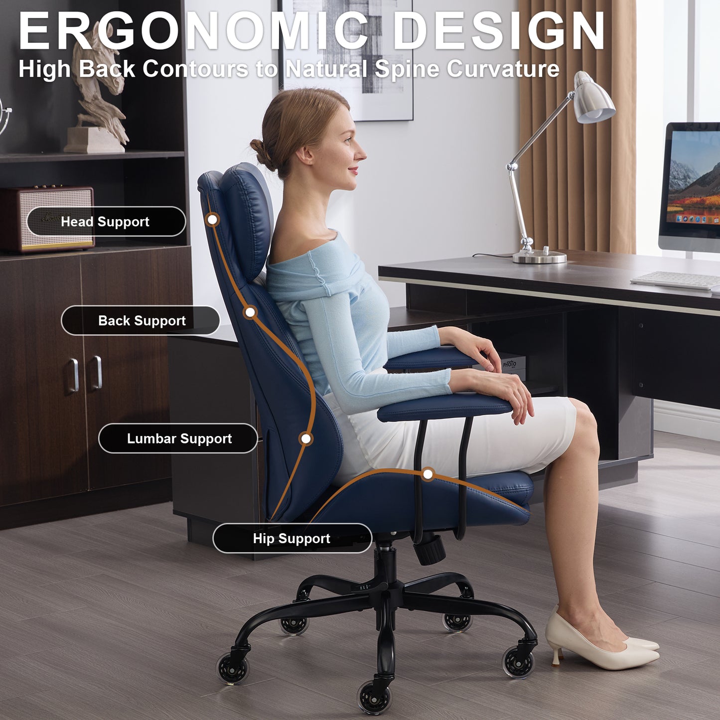 E-Motie Home Office Desk Chair, Ergonomic Computer Chair with Lumbar Support and Head Support, High Back Office Chair with Armrests, Adjustable Height, Rubber Casters, PU Leather