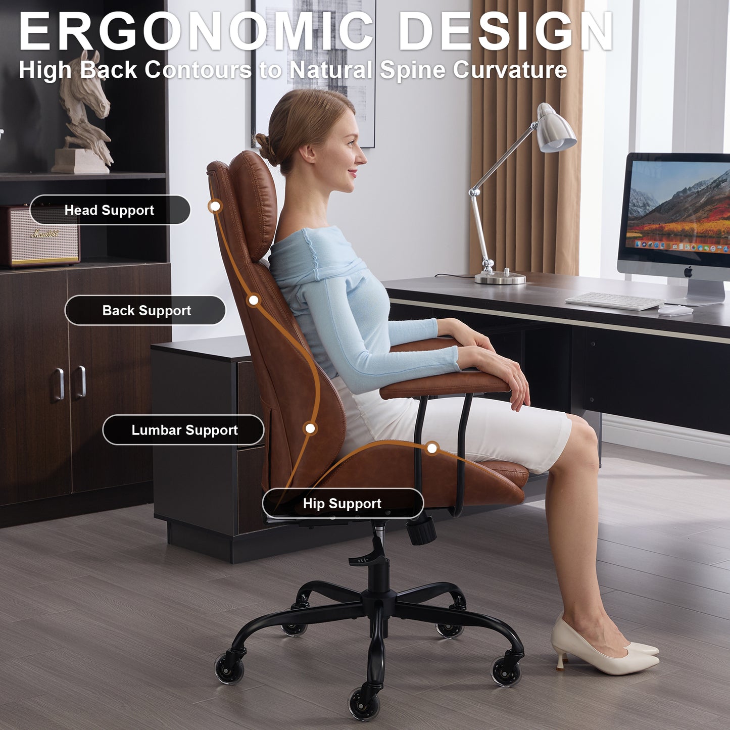E-Motie Home Office Desk Chair, Ergonomic Computer Chair with Lumbar Support and Head Support, High Back Office Chair with Armrests, Adjustable Height, Rubber Casters, PU Leather
